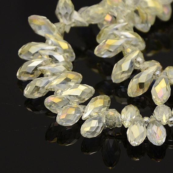 Faceted Teardrop Electroplate Glass Pendants Beads Strands, Top Drilled Beads, AB Color Plated