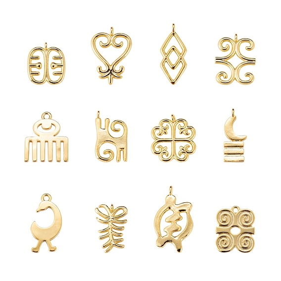 12 pcs 12 pendentifs en laiton de style, plaqué longue durée, symboles adinkra
