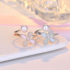 Crystal Rhinestone Clover Open Cuff Ring with Plastic Pearl, Brass Jewelry for Women