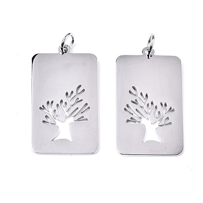 304 Stainless Steel Pendants, Laser Cut, with Jump Rings, Rectangle with Tree of Life