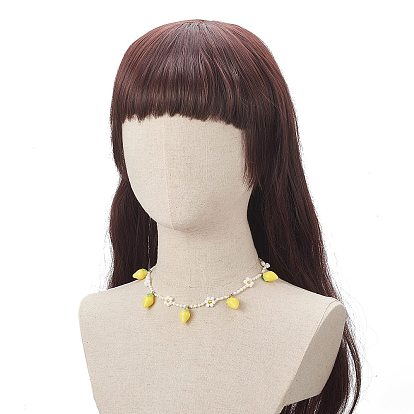 Collier pendentif citron en résine avec chaînes de fleurs en perles de verre pour femme
