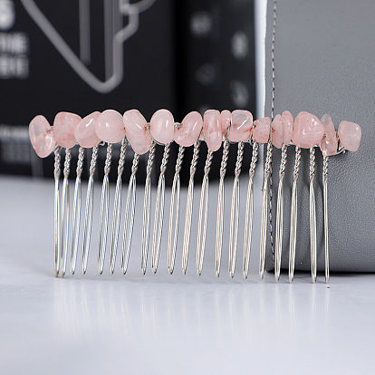 20-Tooth Natural Rose Quartz Chips Hair Combs, with Metal Finding, for Women Girls
