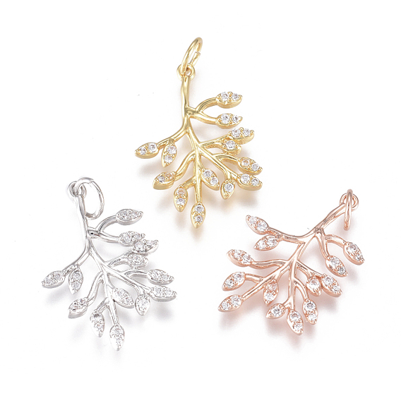 Brass Pendants, with Micro Pave Cubic Zirconia and Jump Rings, Branches and Leaves