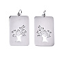 304 Stainless Steel Pendants, Laser Cut, with Jump Rings, Rectangle with Tree of Life