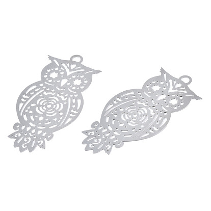 201 Stainless Steel Filigree Pendants, Etched Metal Embellishments, Owl