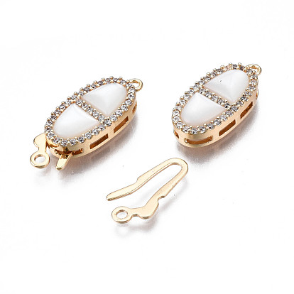 Brass Micro Pave Clear Cubic Zirconia Fishhook Clasps, with Shell, Nickel Free, Oval