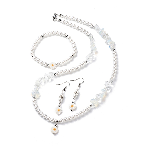 Boucles d'oreilles pendantes en plastique avec pendentif marguerite et bracelet extensible et collier pendentif, ensemble de bijoux en perles d'opalite pour femme