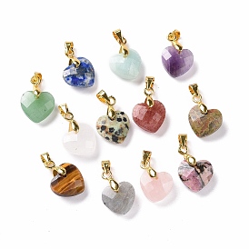 Natural Gemstone Pendants, with Golden Tone Brass Clasp, Faceted Heart Charms
