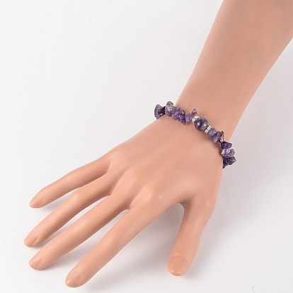 Bracelets extensibles en perles gemmes naturelles, avec les accessoires de strass en laiton, couleur argent plaqué, 59mm