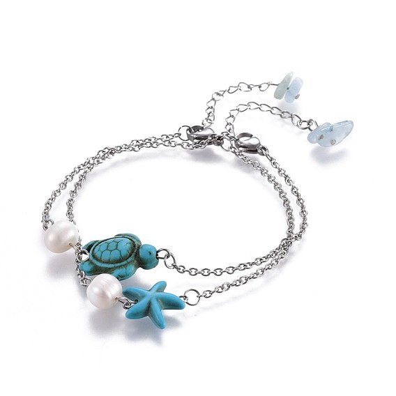 Dyed Synthetic Turquoise(Dyed) Link Bracelets, with Natural Pearls, Natural Aquamarine Chip Beads and 304 Stainless Steel Lobster Claw Clasps, Tortoise and Starfish/Sea Stars