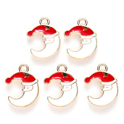 Alloy Enamel Pendants, for Christmas, Moon with Christmas Hat, Light Gold