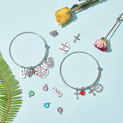 Fabrication de bracelet DIY sunnyclue, avec des pendentifs en alliage de style tibétain, charmes de verre, Anneaux en laiton, 304 bracelets extensibles en acier inoxydable