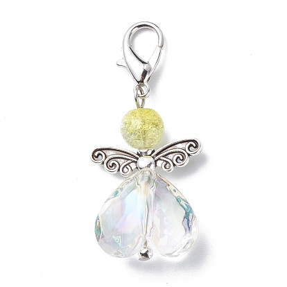 Décorations de pendentif de perles acryliques transparentes de couleur ab, charms à pince coeur ange, avec perles de verre craquelées et fermoirs mousqueton en alliage de zinc