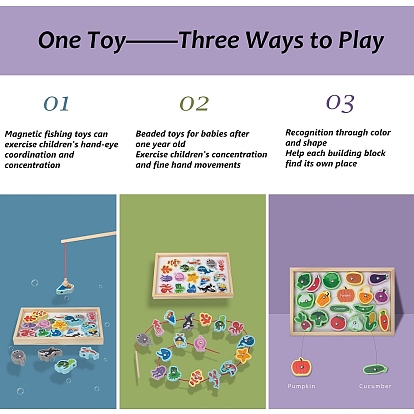 Jeux de pêche magnétiques en bois, jouets montessori, Jeu de cognition sur les fruits et les véhicules animaux pour les tout-petits et les enfants, cadeau de jouet éducatif préscolaire avec perles