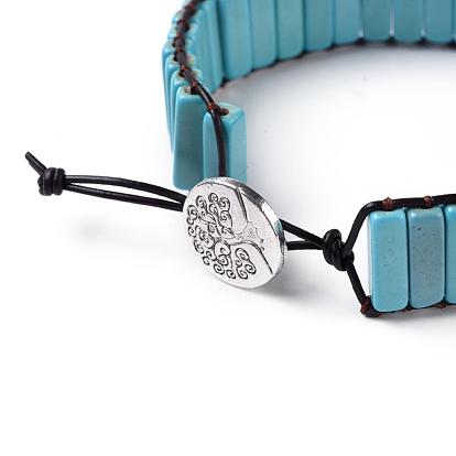 Synthetic Turquoise Beads Cord Bracelets, with Cowhide Leather Cord and Alloy Shank Buttons