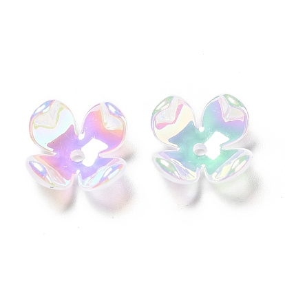 Tapas de cuentas acrílicas chapadas en arco iris opacas iridiscentes, perlas de brillo, 4-pétalo de flor