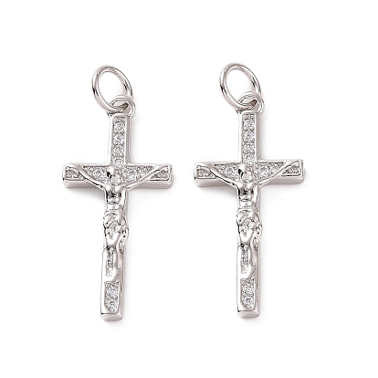Rack Plating Brass Micro Pave Cubic Zirconia Pendants, with Jump Ring, Long-Lasting Plated,  Cadmium Free & Lead Free, Religion Crucifix Cross Charm