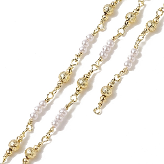 Rack Plating Brass Round Beaded Link Chains, with Plastic Pearl Beaded, Unwelded, with Card Paper