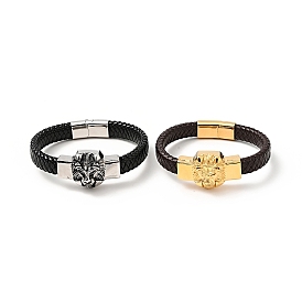 304 bracelet en perles de lion en acier inoxydable, bracelet gothique tressé en similicuir pu pour hommes femmes