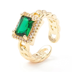 Green Cubic Zirconia Rectangle Cuff Ring, Classic Brass Open Ring for Women, Cadmium Free & Lead Free