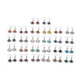 Gemstone Ginkgo Leaf Dangle Earrings with Crystal Rhinestone, Platinum Brass Jewelry for Women