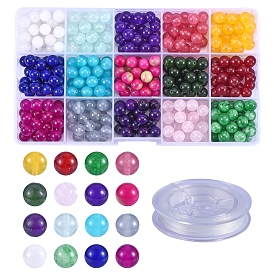 375 pcs 15 couleurs rondes perles de jade blanc naturel et fil élastique, pour les kits de fabrication de bracelets de bricolage