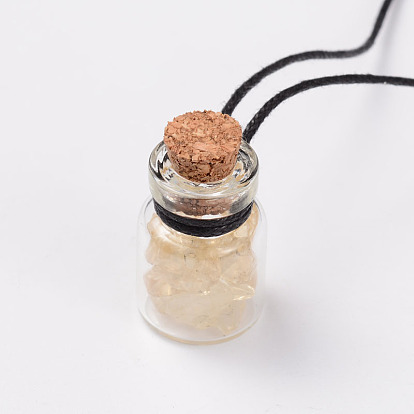Beautiful Design Adjustable Glass Wishing Bottle Pendant Necklaces, with Waxed Cord, Stone Beads and Wooden Bungs, 13.3 inch ~26.3 inch 