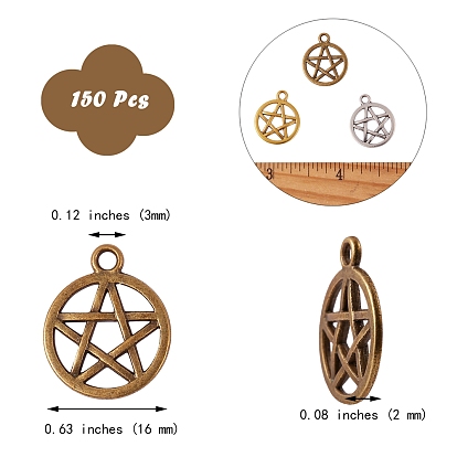 150Pcs 3 Colors Tibetan Style Alloy Wicca Charms, Pentacle, Cadmium Free & Lead Free, Flat Round with Star