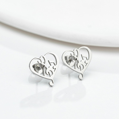 304 Stainless Steel Heart with Music Note Stud Earrings with 316 Stainless Steel Pins for Women