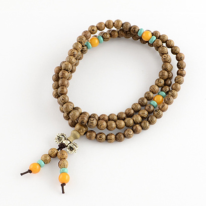 Wrap Style Buddhist Jewelry Wenge Wood Round Beaded Bracelets or Necklaces