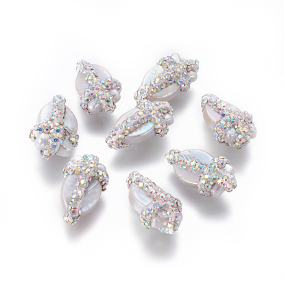 Natural Cultured Freshwater Pearl Beads, with Polymer Clay Rhinestone, Fish