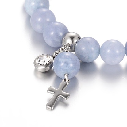 Perles de pierres précieuses étirent bracelets de charme, avec strass et 304 accessoires en acier inoxydable, 57mm