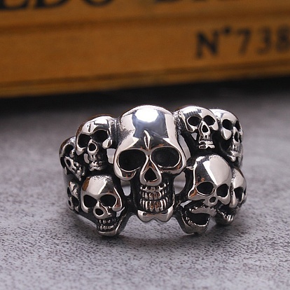 Steam Punk Style Titanium Steel Multi-Skull Finger Rings, Hollow Wide Rings for Men Women