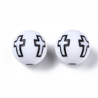 Opaque Acrylic Beads, Round with Cross