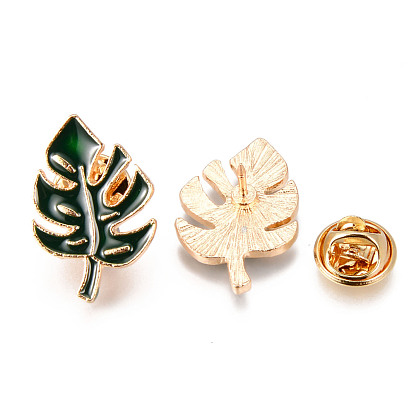 Alloy Enamel Brooches, Enamel Pin, with Brass Butterfly Clutches, Leaf, Light Gold, Cadmium Free & Nickel Free & Lead Free