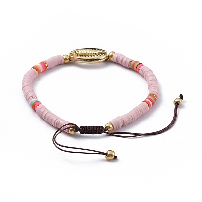 Nylon Thread Braided Beads Bracelets, with Polymer Clay Heishi Beads, Glass Seed Beads and Alloy Pendants, Cowrie Shell