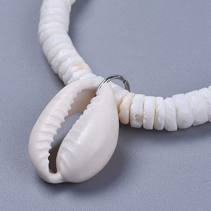 Cowrie Shell Charm Bracelets, with Natural White Shell Beads, Burlap Paking Pouches Drawstring Bags