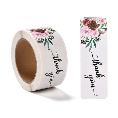 Autocollants d'étiquette de cadeau de papier de modèle de fleur, rectangle avec mot merci étiquettes adhésives rouleau autocollants, pour la fête, cadeaux décoratifs