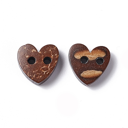 Boutons de noix de coco, bouton de couture de base sculpté 2 trous, cœur, 10x10mm, Trou: 1mm