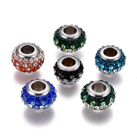 304 polymère en acier inoxydable argile strass perles européennes, noyau de couleur inox, perles de rondelle avec grand trou , 12x8mm, Trou: 5mm