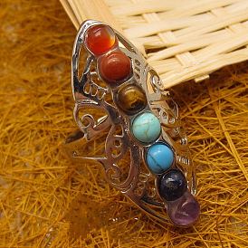 Natural Mixed Stone Butterfly Open Cuff Ring, Alloy Full Finger Wide Ring, Yoga Chakra Jewelry for Women