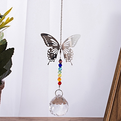 Cristales candelabro suncatchers prismas chakra colgante colgante, con las cadenas de cable de hierro, cuentas de vidrio y colgantes de latón, mariposa y redondo