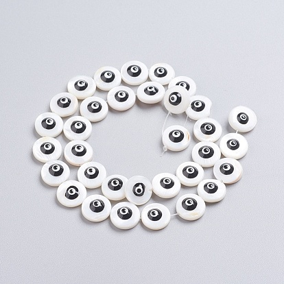 Chapelets de perles de coquillage naturel, avec l'émail, rond et plat avec des mauvais œil