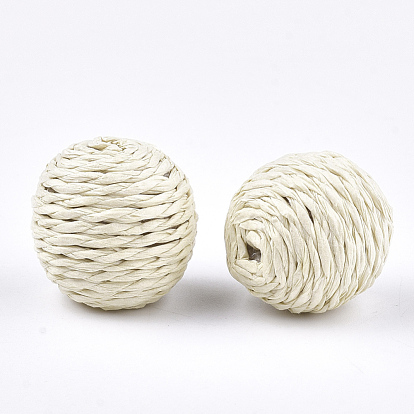 Handmade Woven Beads, Paper Imitation Raffia Covered with Wood, Round