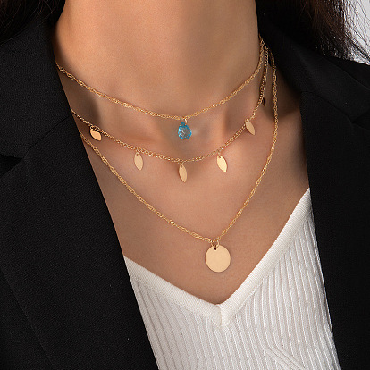 Minimalist Water Drop Pendant Leaf Triple Layer Necklace for Women