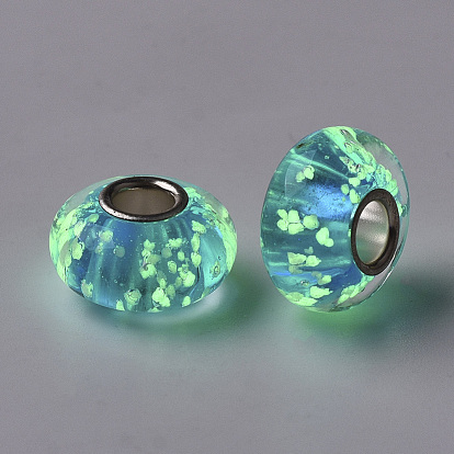 Handmade Luminous Lampwork European Beads, Large Hole Beads, with Silver Color Plated Brass Single Cores, Rondelle