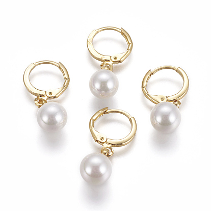 Brass Leverback Earrings, with Shell Pearl, Long-Lasting Plated