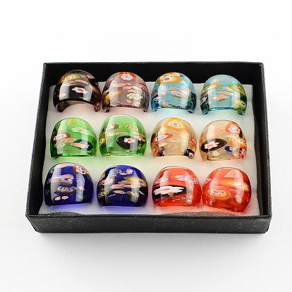 Handmade Gold Sand Millefiori Lampwork Rings, 17~19mm, about 12pcs/box