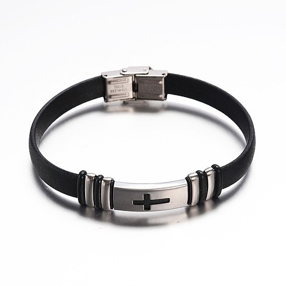 Jewelry Black Color PU Leather Cord Bracelets, with 304 Stainless Steel Findings and Watch Band Clasp, Cross, 230x10mm