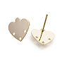 Brass Ear Studs Components, Heart, Nickel Free, Real 18K Gold Plated